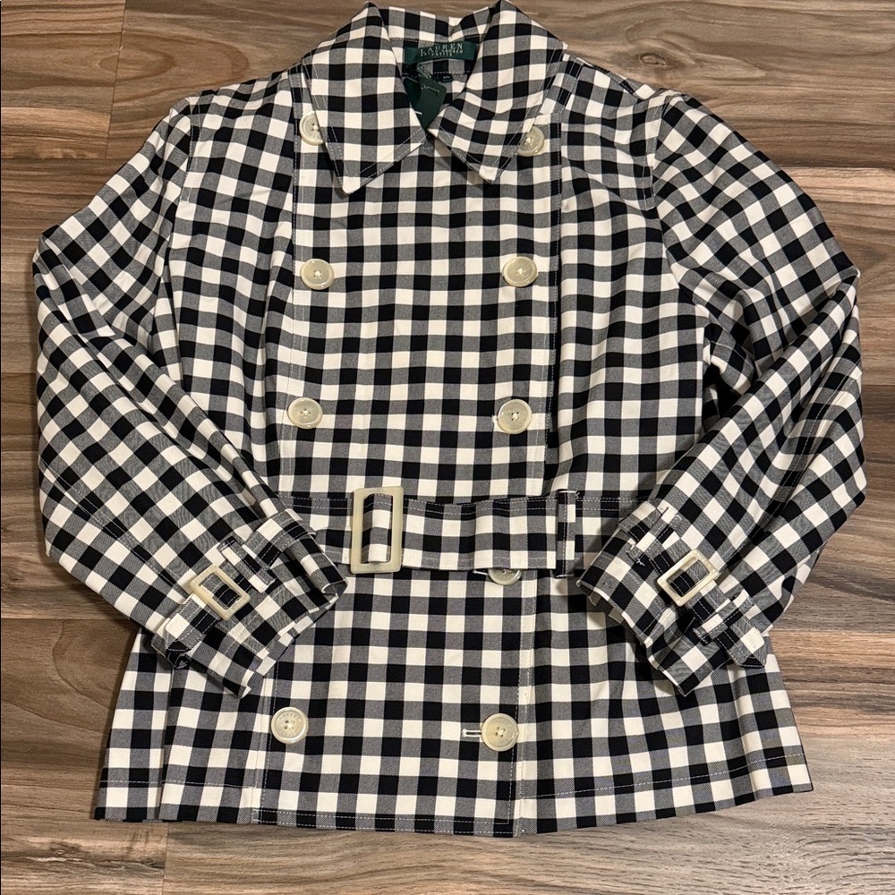 Lauren Ralph Lauren Women’s Sz. LP Double Breasted Gingham B/W Trench Coat